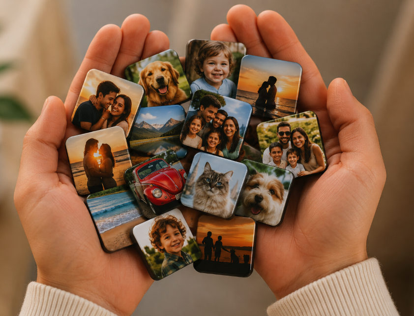 Mãos segurando uma coleção de memórias magnéticas com fotos de famílias, casais, crianças, animais e viagens