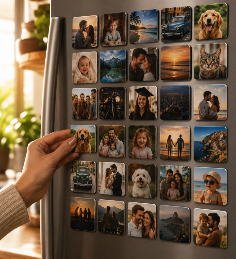 Coleção de memórias magnéticas com fotos de pessoas, animais e viagens decorando uma geladeira